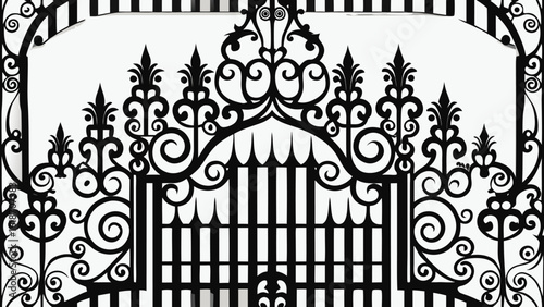 Ornate black wrought iron gate with decorative scrollwork and finials vector