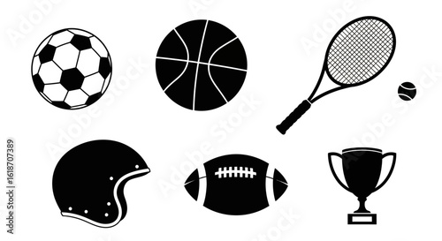 Sports equipment icons including soccer ball, basketball, tennis racket, football, helmet, and trophy.