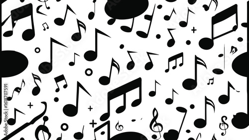Black musical notes and symbols scattered across a white background treble clef eighth notes