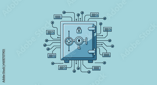 A secure digital safe is depicted, connected to various data servers, symbolizing secure data storage and online protection of valuable information in the digital world.