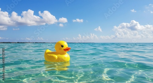 Duckling Afloat: A vibrant yellow rubber ducky floats serenely on the clear, azure waters, gently swaying under a bright, cloud-scattered sky. Capturing playful innocence and a summer escape.