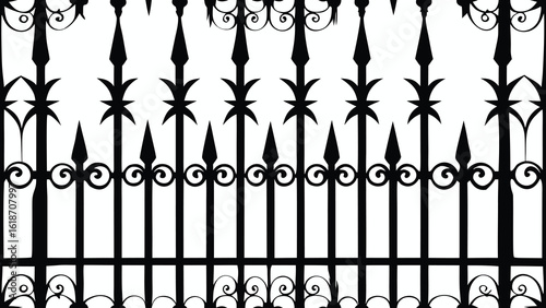 Black wrought iron fence with ornate scrollwork and pointed finials white