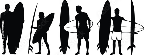 Surfer silhouette vector set—four poses with surfboards representing beach lifestyle, water sports, adventure travel, and summer recreation themes