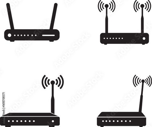 Wireless Router Icons:  Black Silhouette Set, Minimalist Design, Technology Concept.
