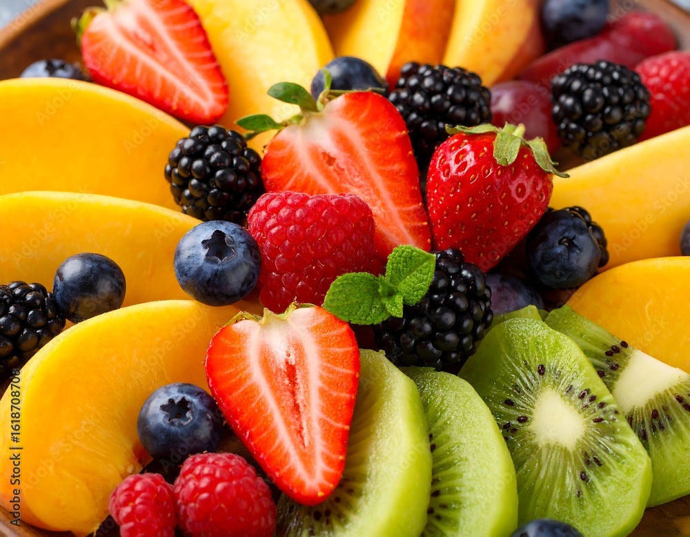 Obraz premium Colorful fruit platter with sliced peaches, kiwi, strawberries, blueberries, raspberries, blackberries, and grapes