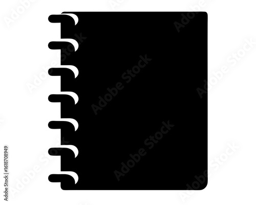 Black and white notebook with multiple rings on the side for binding