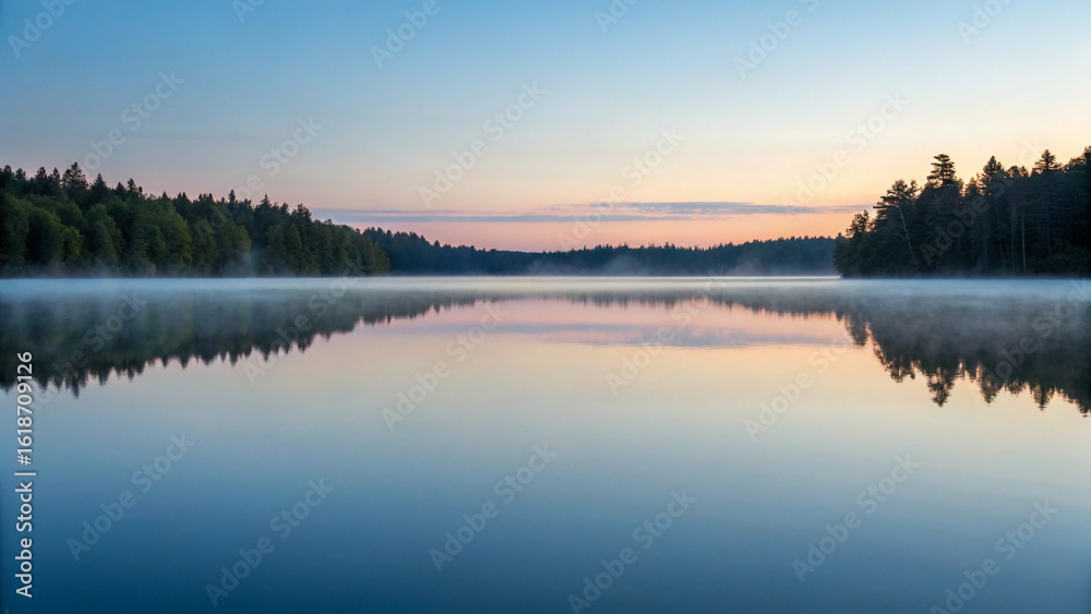 Fototapeta premium Peaceful lake sunrise reflection with lush forest and calming atmosphere in nature