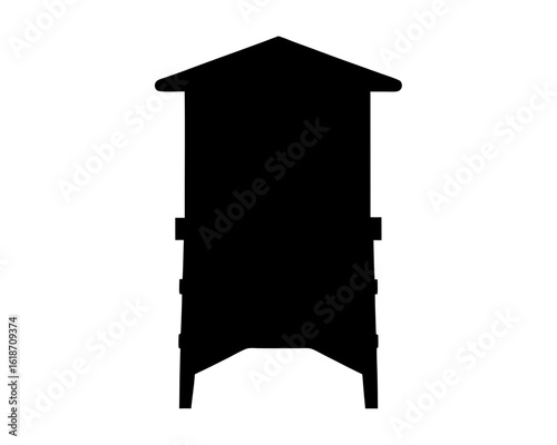 Silhouette of lifeguard tower with gabled roof, elevated platform, and support legs
