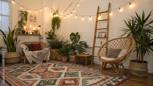 Boho Living Room with Rattan Decor and Christmas Ladder Display