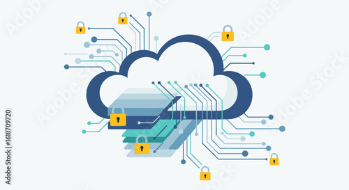 A conceptual illustration of secure cloud computing, depicting a stylized cloud with interconnected data layers and multiple digital padlocks for robust protection.