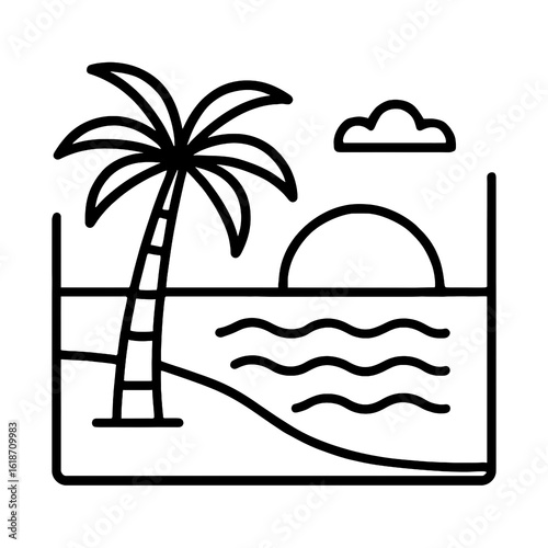 Simple Line Art Palm Tree and Sunset on a Beach Icon