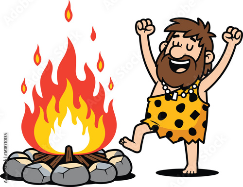 Cartoon Caveman Celebrating Beside Campfire in Leopard Loincloth and Bone Necklace, Yellow Tunic, Raised Fists Silhouette CAD Vector Artwork
