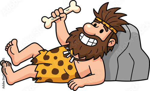 Cartoon Caveman Mascot Relaxing with Bone, Leopard Loincloth and Beard, Funny Silhouette CAD Vector Illustration for Prehistoric Humor Designs