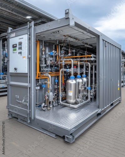 Wallpaper Mural Containerized water treatment system placed in remote rural village, solar panels mounted on top and pipes extending to water tanks Torontodigital.ca