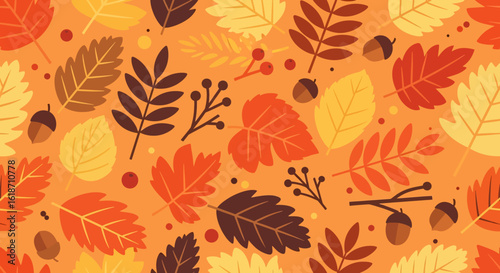 Flat illustration of a seamless autumn pattern with vibrant yellow, orange, and red leaves, acorns, and berries on a dark brown background. Perfect for fall-themed textures