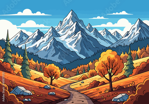 Flat illustration of a majestic mountain range with snow-capped peaks overlooking a vibrant autumn forest under a clear blue sky with scattered clouds. Ideal for nature backgrounds