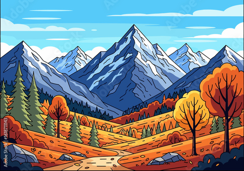 Flat illustration of a majestic mountain range with snow-capped peaks overlooking a vibrant autumn forest under a clear blue sky with scattered clouds. Ideal for nature backgrounds