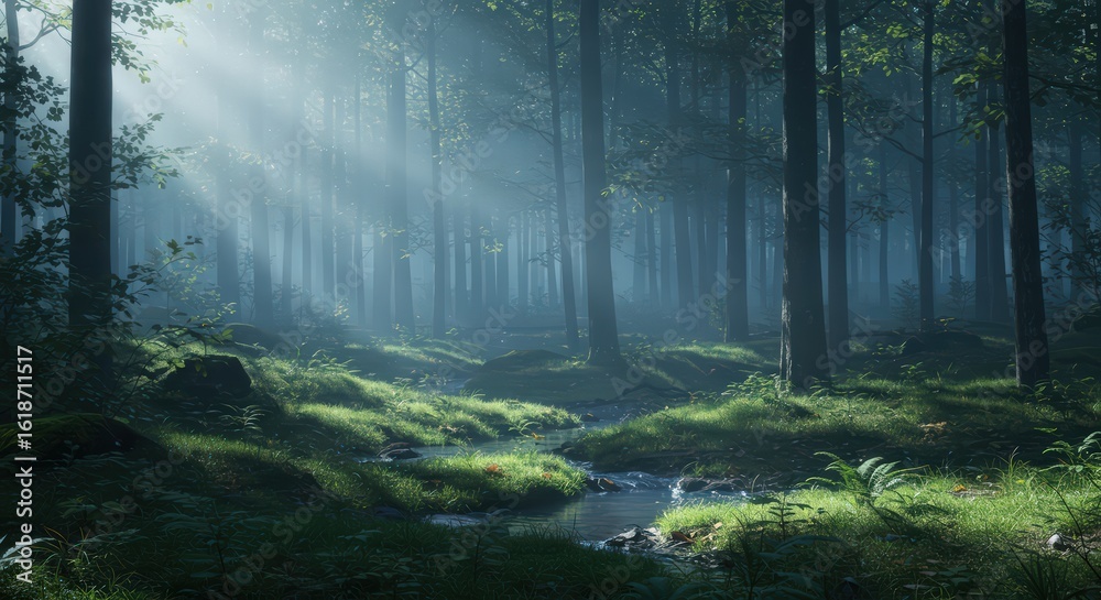 Obraz premium Misty forest sunlight