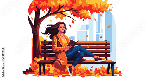 Adobe Illustrator Artwork Flat illustration of a woman reading a book on a park bench under an autumn tree with falling orange leaves. Perfect for depicting cozy fall moments and reading