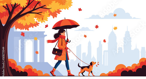 Adobe Illustrator Artwork Flat illustration of a woman walking her dog with an umbrella in an autumn city park with falling leaves and a warm cityscape background. Perfect for seasonal outdoor scenes