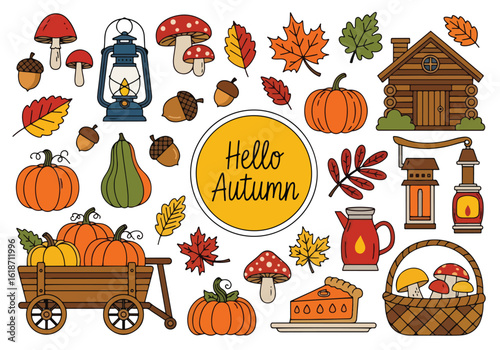 Flat illustration of various autumn harvest and nature elements with Hello Autumn text. Includes pumpkins, leaves, mushrooms, lantern, and cozy fall items. Ideal for seasonal themes
