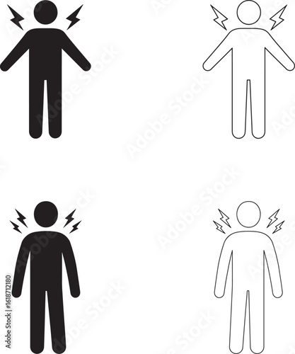 Person Icon Set:  Pain, Shock, Electricity, Medical, Minimalist, Black and White, Vector Graphics.