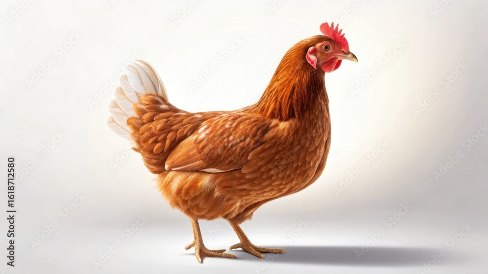 Fototapeta premium A standing brown hen with a red comb isolated on white background