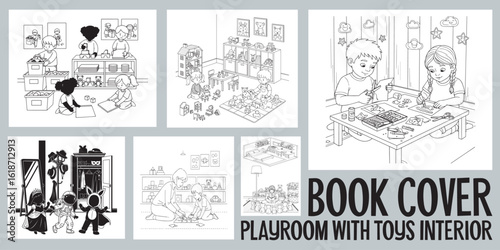Childrens Playroom Coloring Book Illustration Featuring Diverse Activities and Playful Scenarios for Creative Expression and Educational Fun