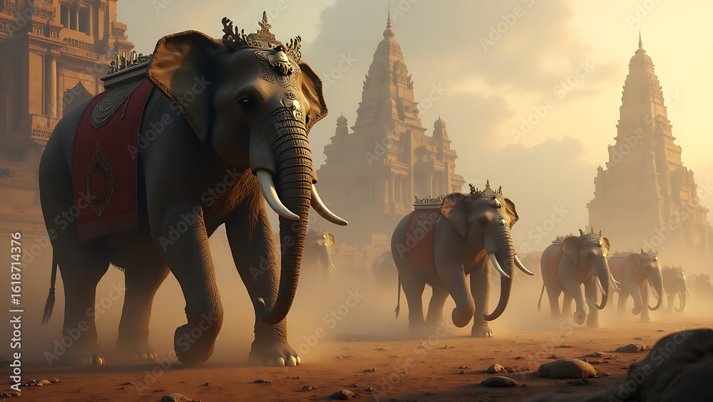 Naklejka premium Majestic Procession of Decorated Elephants Amidst Ancient Temple Cityscape