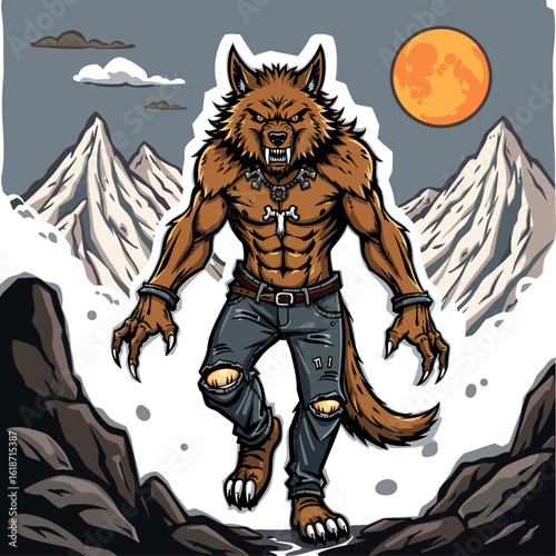 a werewolf standing atop a mountain with a full moon in the background. The werewolf is animated, with its fur and features clearly visible. The mountain is covered in snow and the sky is filled