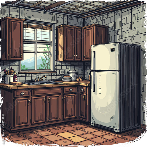 a kitchen with a refrigerator, sink, tap, utensils, cupboards, window, and a wall. The refrigerator is the main focus of the image