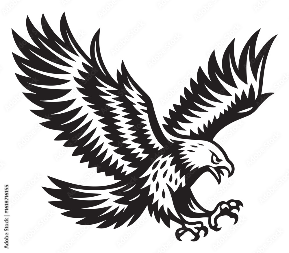 Obraz premium Flying Eagle Attack Pose – Black and White Predator Bird Illustration