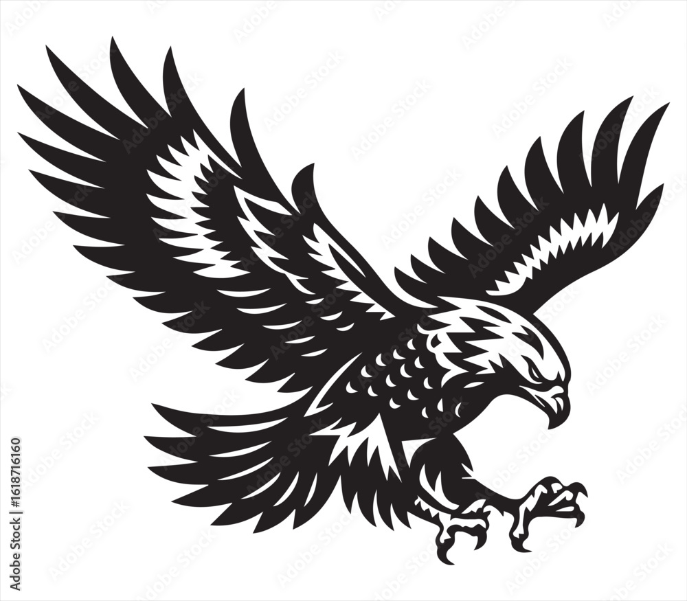 Obraz premium Flying Eagle Attack Pose – Black and White Predator Bird Illustration