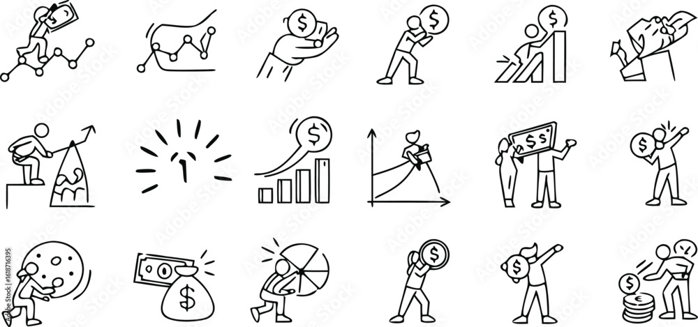 Obraz premium Diverse financial concepts illustrated with stick figures and money symbols finance business