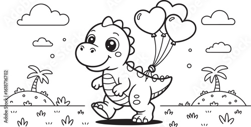 Cute cartoon dinosaur holding heart balloons walking in nature baby