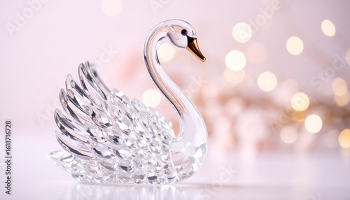 a clear crystal swan decoration in the bokeh background