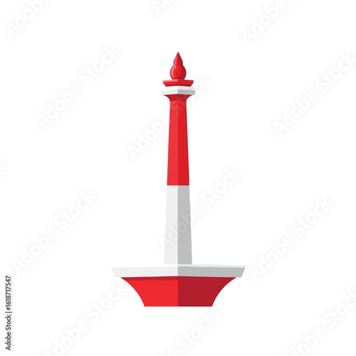 A stylized red and white illustration of the Monas National Monument, a famous landmark in Jakarta, Indonesia.