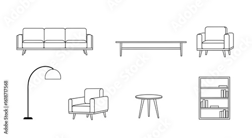 Minimalist Outline Furniture Set with Sofa, Lamp, Tables and Bookcase Interior