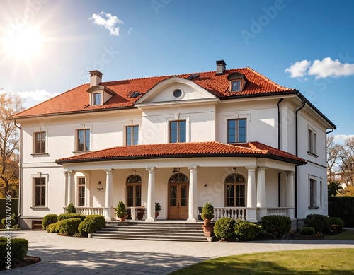 Elegant white mansion with terracotta roof