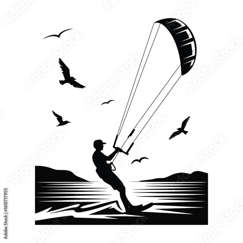 Kiteboarding silhouette with flying seagulls and sea horizon, coastal water sport adventure scene