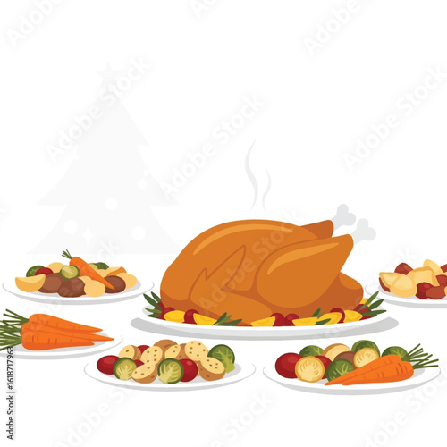 A festive illustration of a roasted turkey surrounded by various side dishes, ready for a holiday feast.