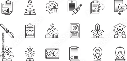A collection of medical and healthcare icons in a hand-drawn, sketchy silhouette style, representing various aspects of medicine and treatment.