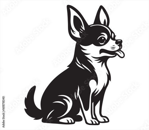 Cute Chihuahua Dog Sitting – Black and White Small Pet Cartoon Illustration

