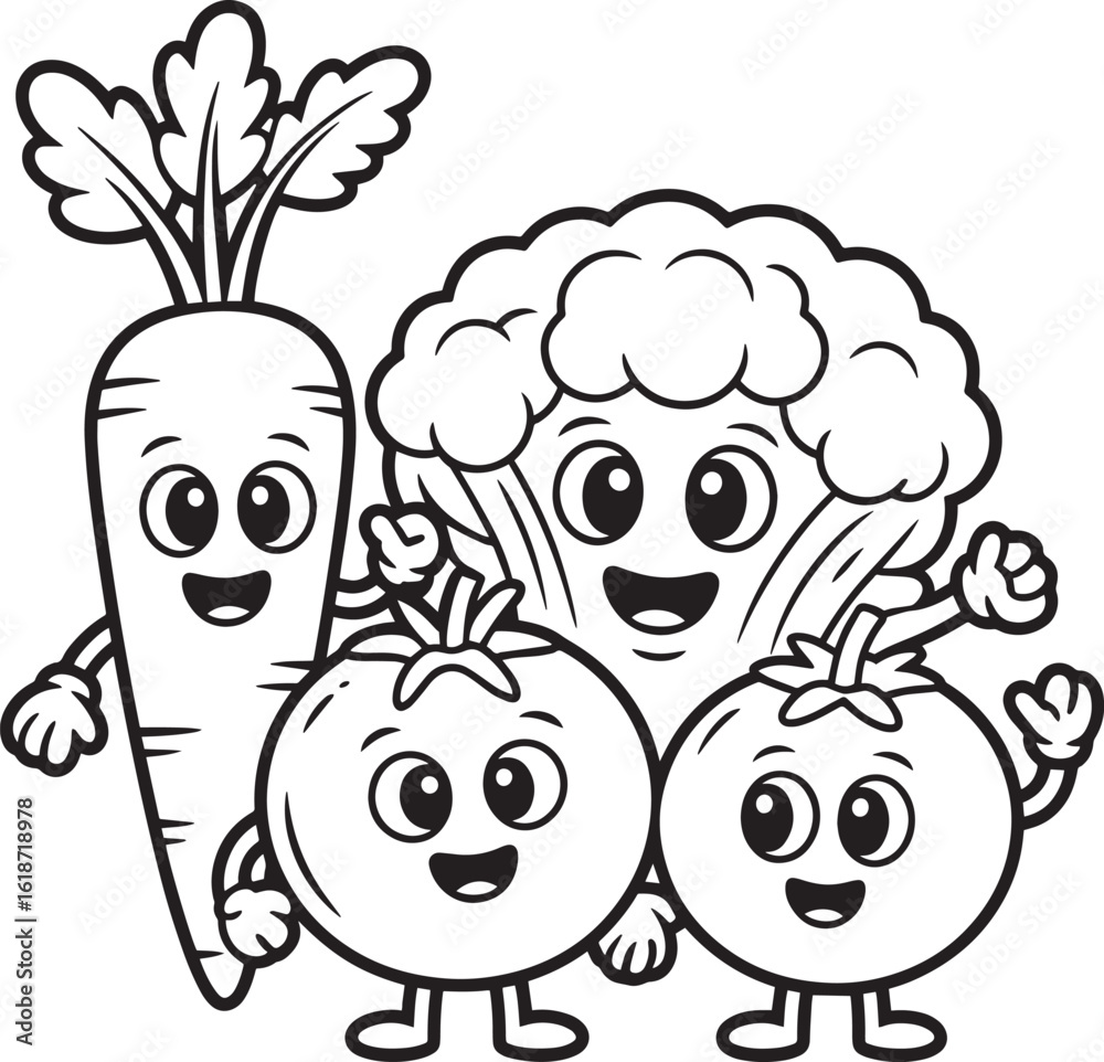 Obraz premium Happy cartoon vegetables standing together carrot tomato