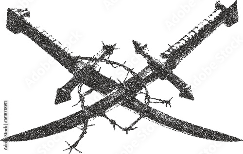 Dagger retro y2k stipple design sword halftone brutalist urban vector png with clear background, knife 2000s photocopy grunge tattoo gen z effect