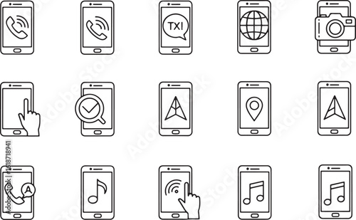 Collection of hand-drawn smartphone icons in a unique silhouette style, illustrating various app functions and user interactions.