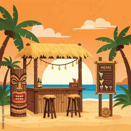 A tropical tiki bar on a sandy beach at sunset with palm trees and an ocean view.