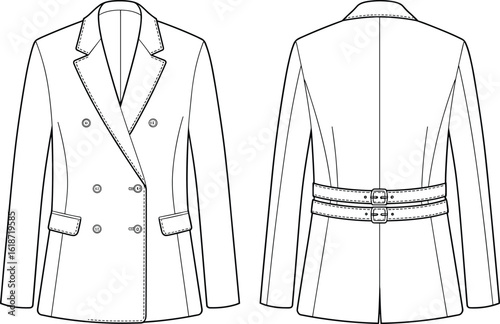 Double-breasted blazer sketch, front and back views, notched lapel, flap pockets, belt with buckles, fashion drawing, technical illustration