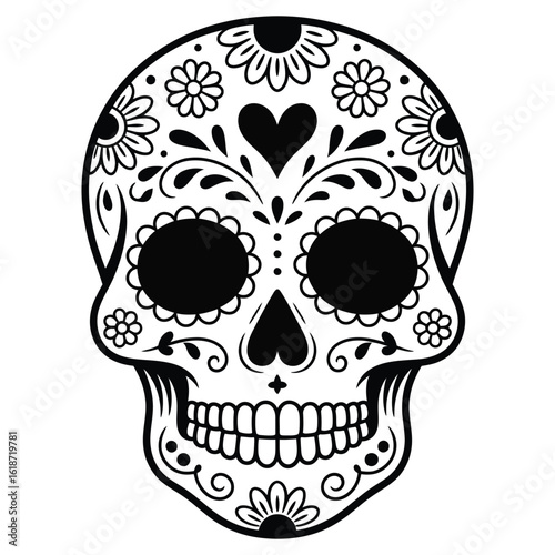 Black and White Sugar Skull Illustration with Floral and Heart Motifs