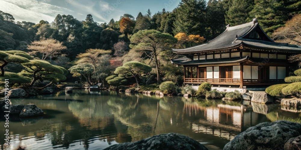 Fototapeta premium Japanese zen garden with temple and pond reflection, serene landscape photography view